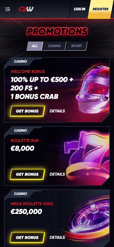 Quickwin Casino promotions interface on a mobile browser