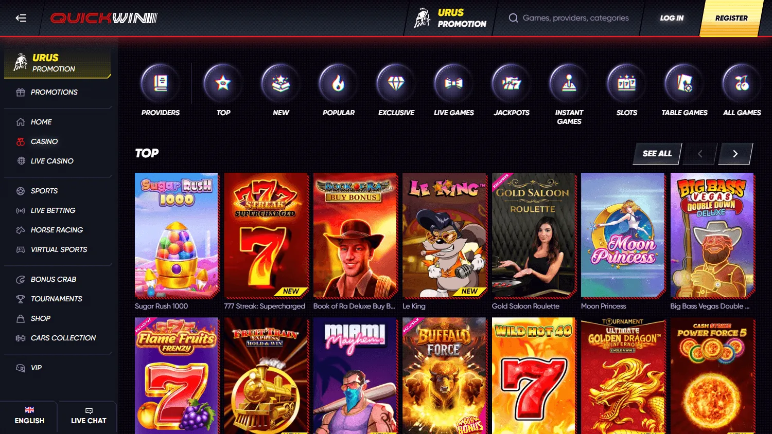 Quickwin Casino games interface on desktop