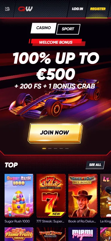 Quickwin Casino home interface on a mobile browser