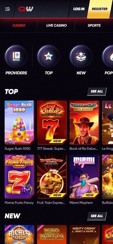 Quickwin Casino games interface on a mobile browser