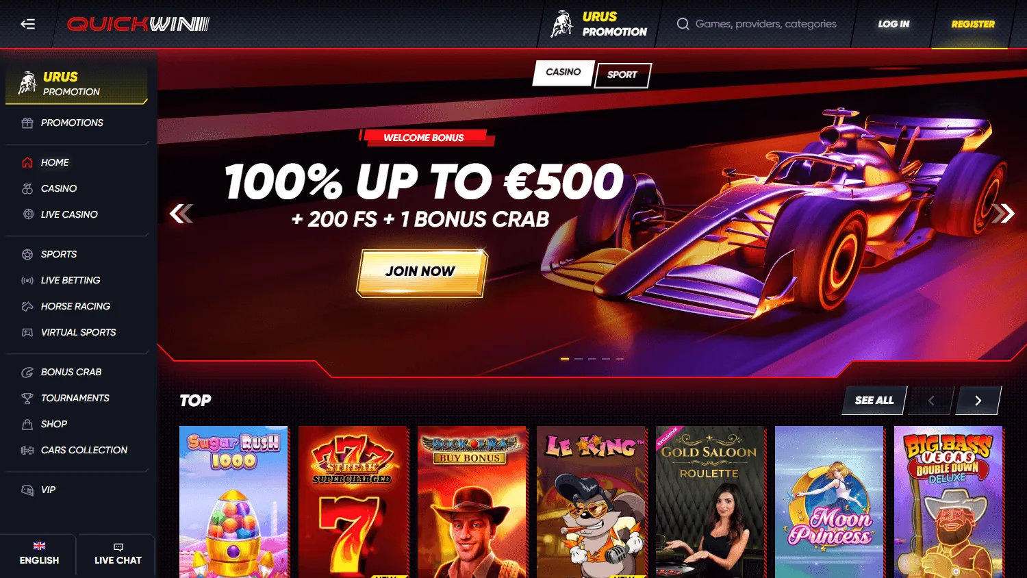Quickwin Casino home interface on desktop
