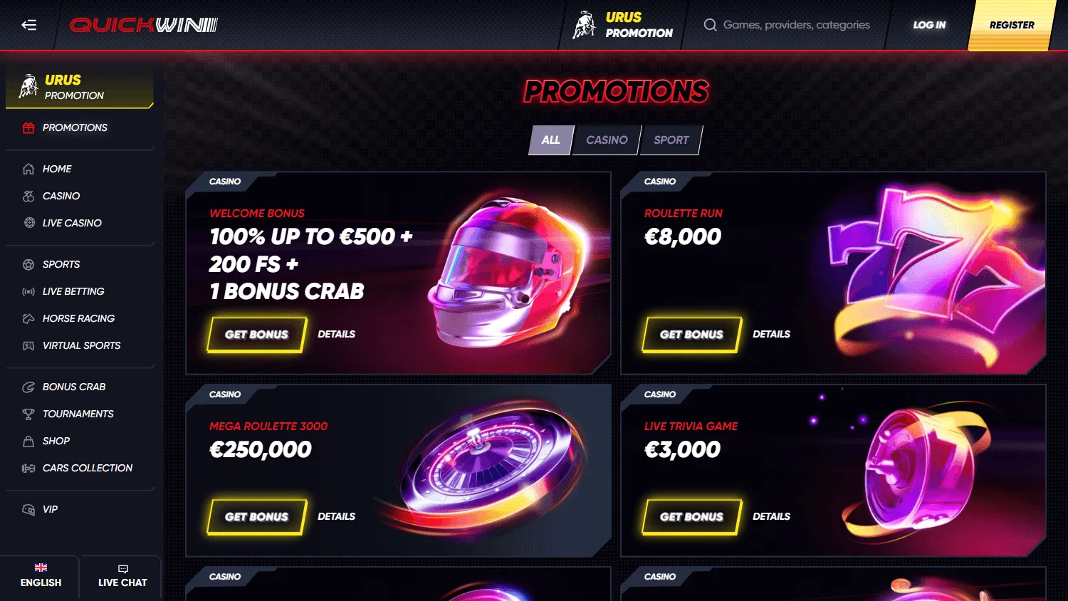 Quickwin Casino promotions interface on desktop